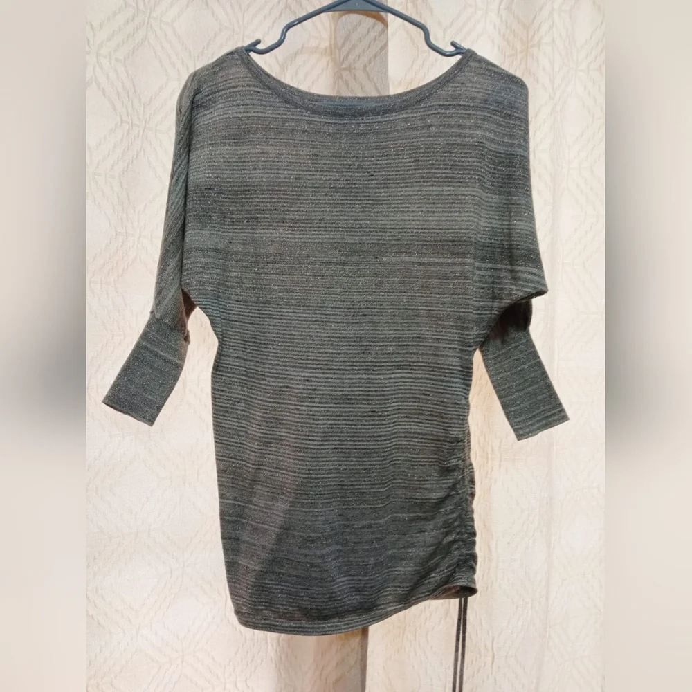 Express Metallic Silver Striped Sweater Dolman 3/4 Sleeve Scrunch Tie Size XS